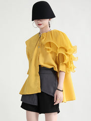 Stylish Asymmetric Split-Joint Falbala With Belted Half Sleeves Blouses