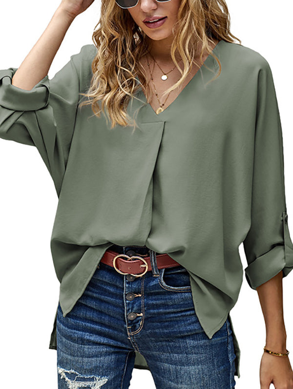 High-Low Loose Buttoned Solid Color V-Neck T-Shirts Tops