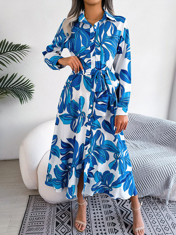 Long Sleeves Loose Printed Split-Joint Tied Waist Lapel Shirt Dress