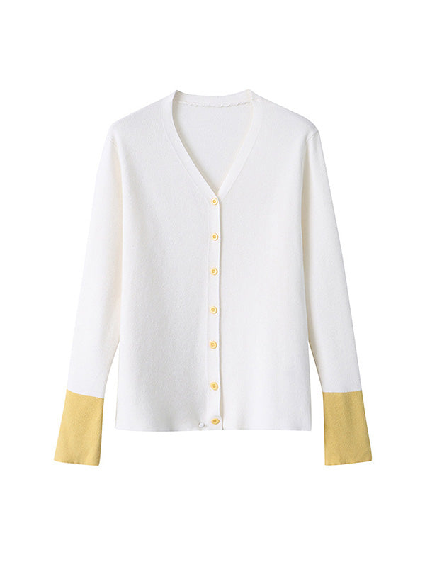 Flared Sleeves Long Sleeves Buttoned Contrast Color Split-Joint V-Neck Cardigan Tops