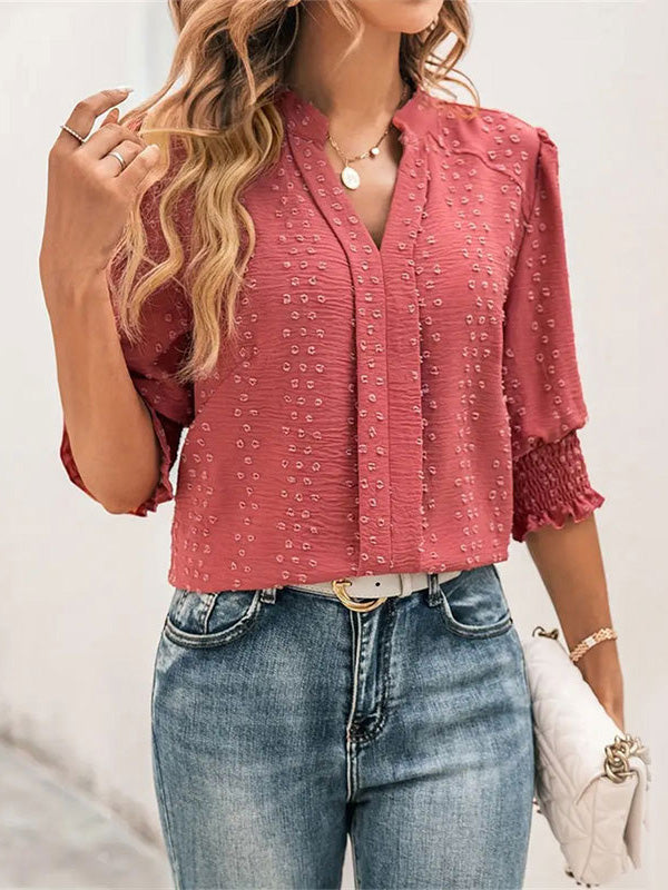 Half Sleeves Loose Elasticity Jacquard Solid Color Split-Joint V-Neck T-Shirts Tops