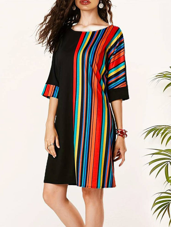 A-Line Half Sleeves Asymmetric Contrast Color Striped Round-Neck Mini Dresses