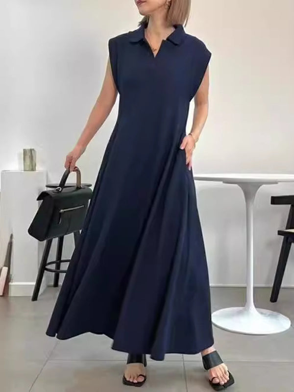 Loose Raglan Sleeve Pleated Solid Color Lapel Maxi Dresses