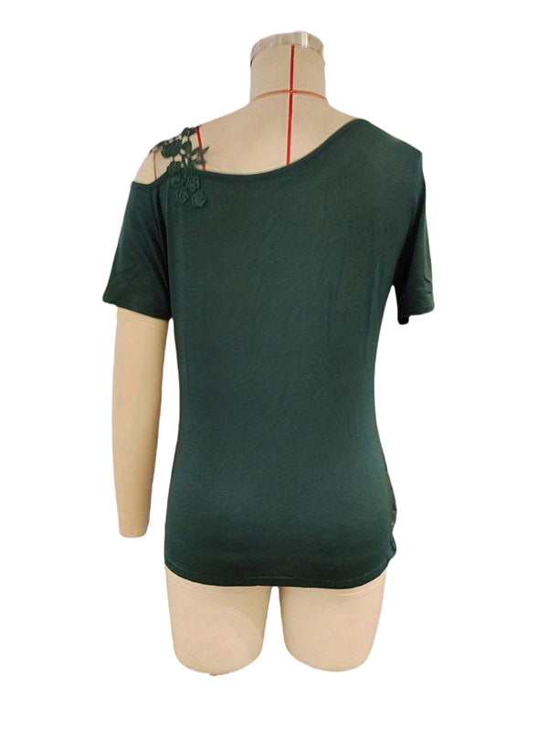 Loose Short Sleeves Asymmetric Flower Shape Solid Color Split-Joint Cold Shoulder T-Shirts Tops