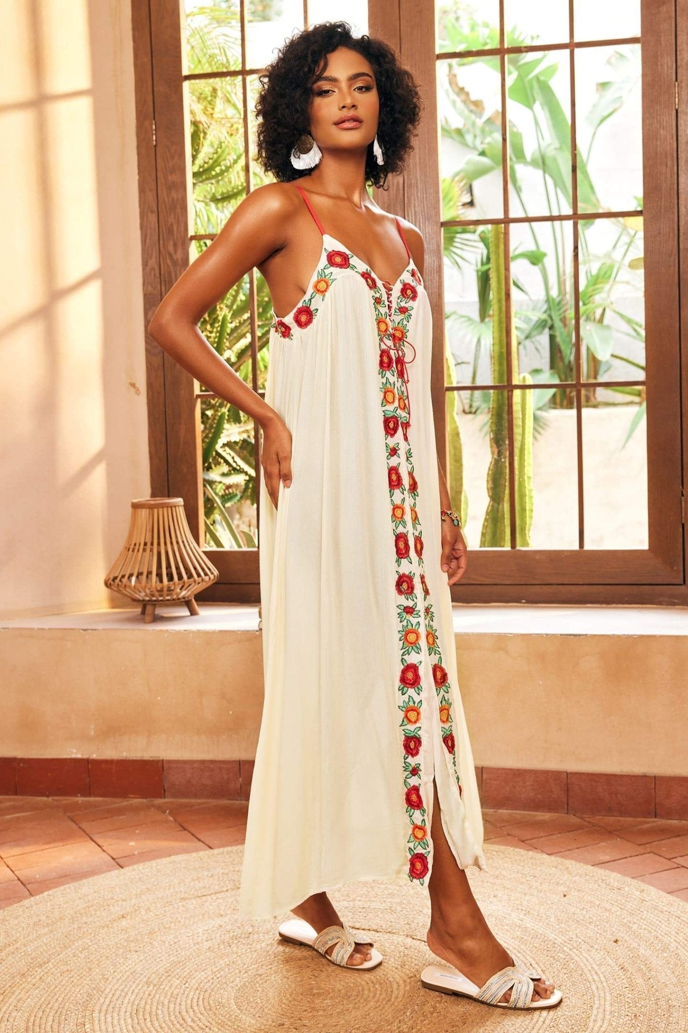 Mila Floral Embroidered V-neck Maxi Slip Dress