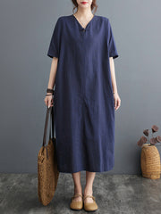 A-Line Loose Chinese Frog Buttons Pockets Solid Color Split-Side V-Neck Midi Dresses