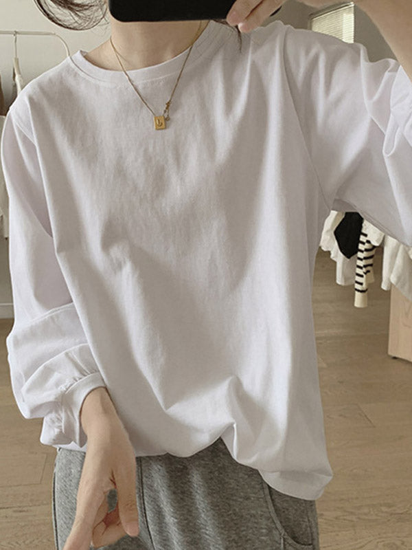 Long Sleeves Loose Pleated Solid Color Round-Neck T-Shirts Tops