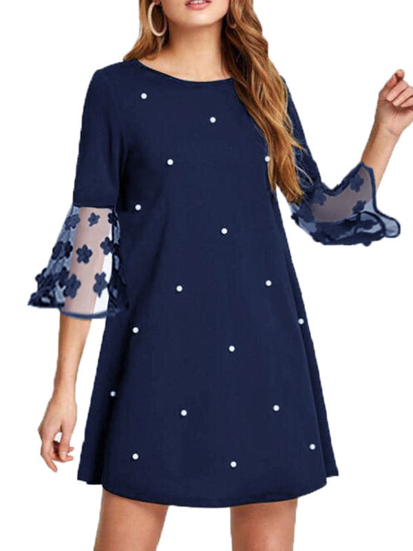 A-Line Loose Mesh Polka-Dot Split-Joint Three-Dimensional Flower Round-Neck Mini Dresses