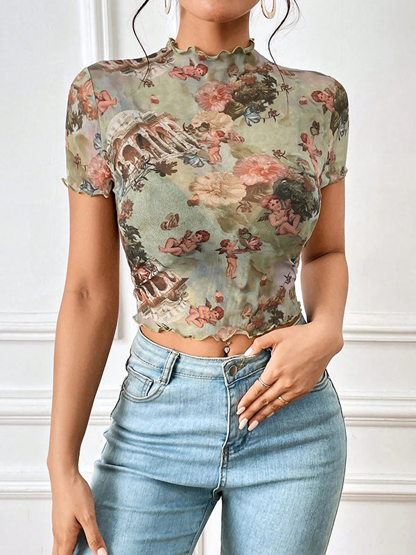 Short Sleeves Skinny Figure Flower Print Ruffle Trim See-Through Mock Neck T-Shirts Tops