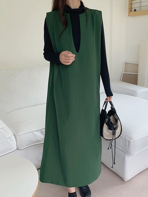 Casual Sleeveless Loose Solid Color V-Neck Midi Dresses