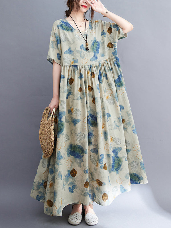 Artistic Retro Loose Floral Printed Pleated Vacation Midi Dress