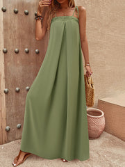 A-Line Loose Elasticity Pleated Solid Color Split-Joint Tied Spaghetti-Neck Maxi Dresses