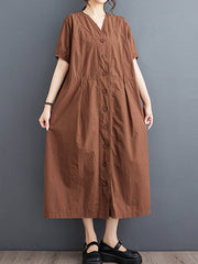 A-Line Loose Buttoned Pockets Solid Color V-Neck Midi Dresses