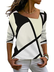 Long Sleeves Loose Printed Asymmetric Collar T-Shirts Tops