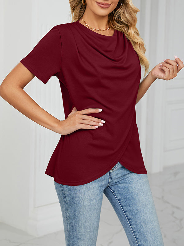 Loose Short Sleeves Pleated Solid Color Split-Joint Round-Neck T-Shirts