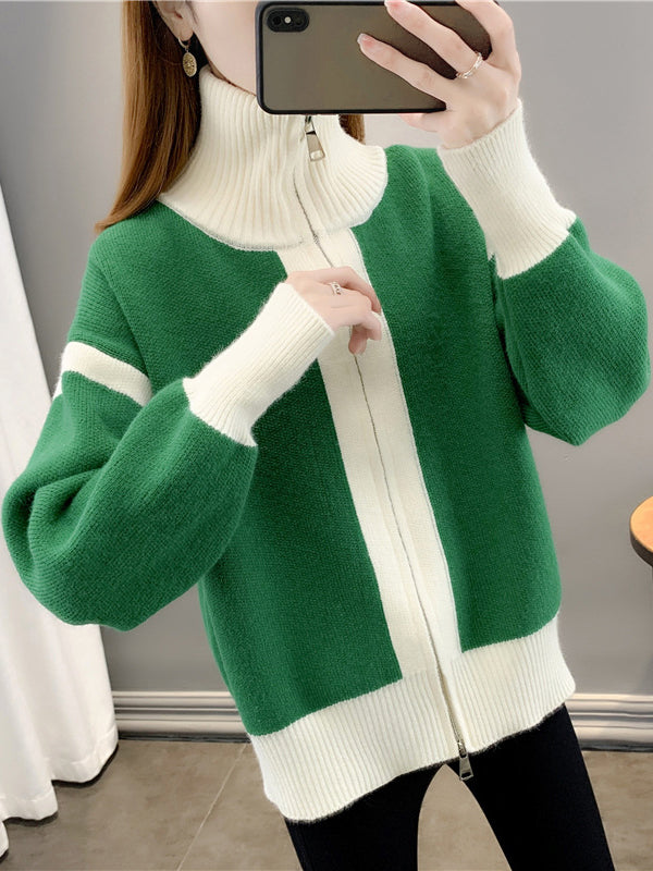 Casual Long Sleeves Contrast Color Zipper Stand Collar Cardigan Tops