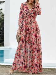 High Waisted Long Sleeves Flower Print Pleated Ruffled V-Neck Maxi Dresses