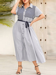 Loose Plus Size Buttoned Split-Joint Striped Tied Waist Lapel Maxi Dresses Shirt Dress