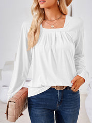 Long Sleeves Loose Pleated Solid Color Square-Neck T-Shirts Tops