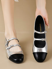 Belt Buckle Round-Toe Split-Joint Flat Shoes Mary Janes