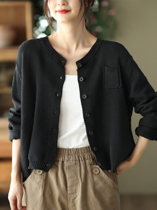 Simple Loose Long Sleeves Buttoned Solid Color Round-Neck Cardigan Tops