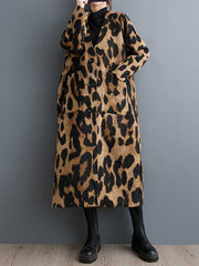 Long Sleeves Loose Buttoned Leopard Pockets Split-Joint V-Neck Outerwear Trench Coats