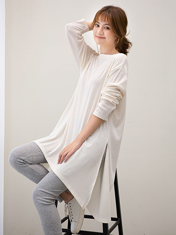 Casual High-Low Long Sleeves Solid Color Round-Neck T-Shirts Tops