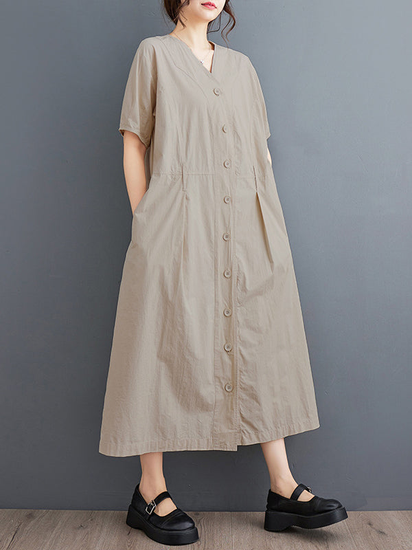 A-Line Loose Buttoned Pockets Solid Color V-Neck Midi Dresses