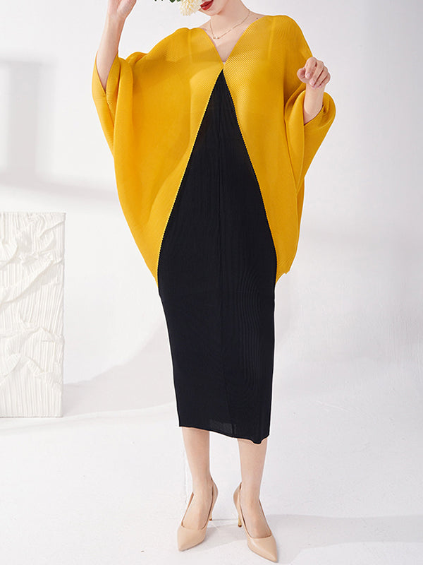 Batwing Sleeves Loose Contrast Color Pleated Round-Neck Midi Dresses