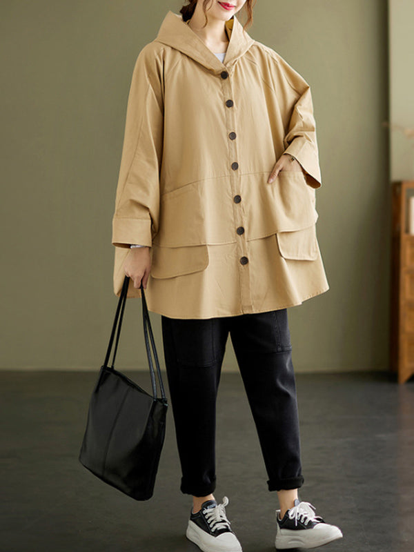 Loose Solid Color Buttoned Hooded Long Sleeves Trench Coat