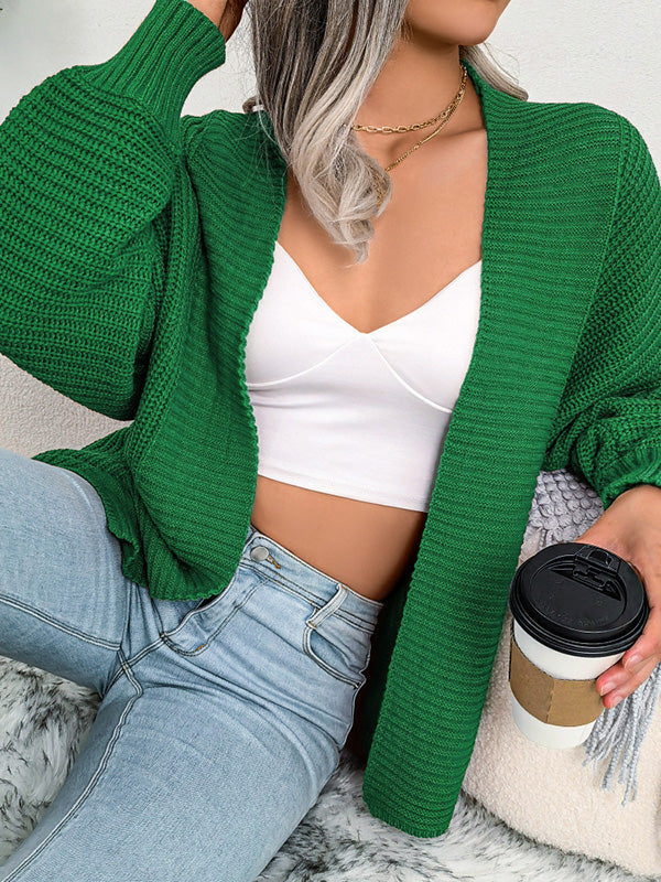 Long Sleeves Loose Solid Color Collarless Cardigan Tops