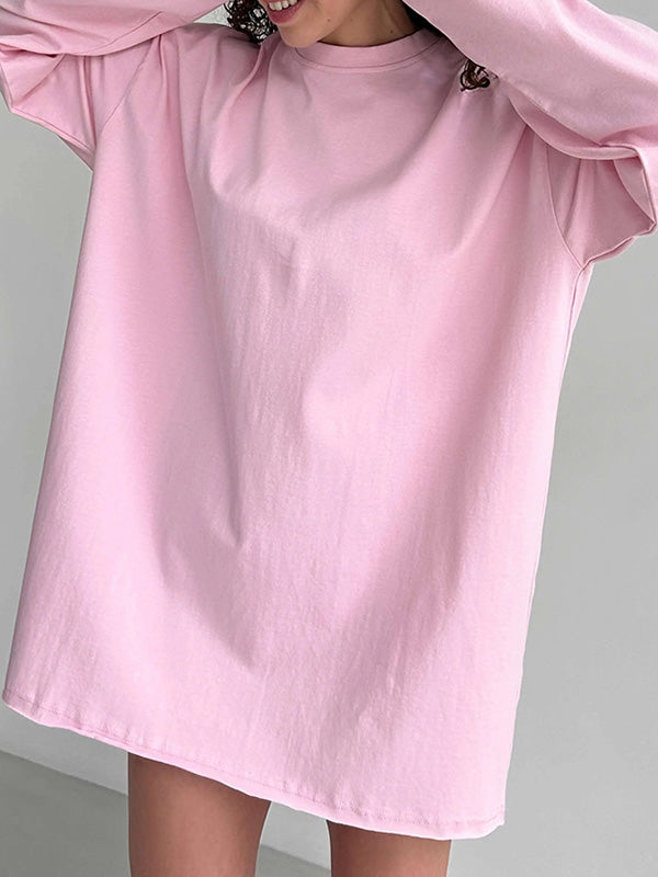 Long Sleeves Loose Solid Color Round-Neck T-Shirts Tops