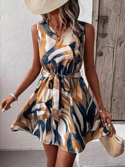 A-Line Loose Printed Tied Waist V-Neck Mini Dresses