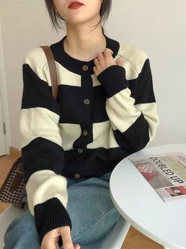 Casual Buttoned Contrast Color Striped Cardigan Tops