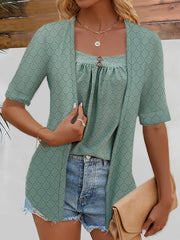 False Two Loose Buttoned Pleated Solid Color Square-Neck T-Shirts Tops