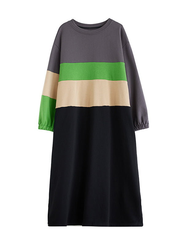 A-Line Long Sleeves Contrast Color Elasticity Split-Joint Round-Neck Midi Dresses