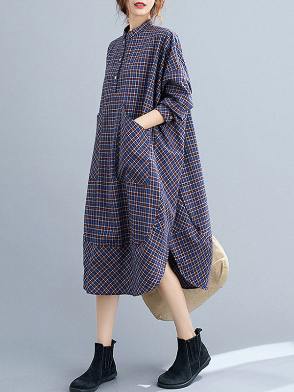 Vintage Plaid Irregularity Shirt Dresses