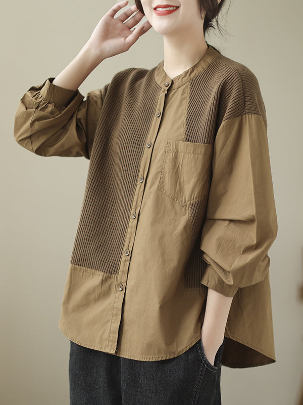 Long Sleeves Loose Asymmetric Buttoned Pockets Split-Joint Round-Neck Blouses&Shirts Tops