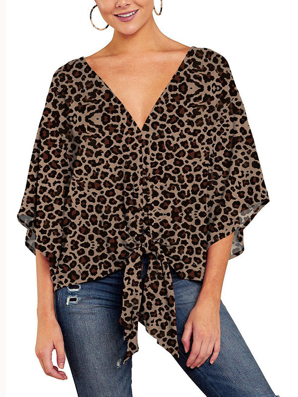 Batwing Sleeves Half Sleeves Knot Leopard V-Neck Blouses&Shirts Tops