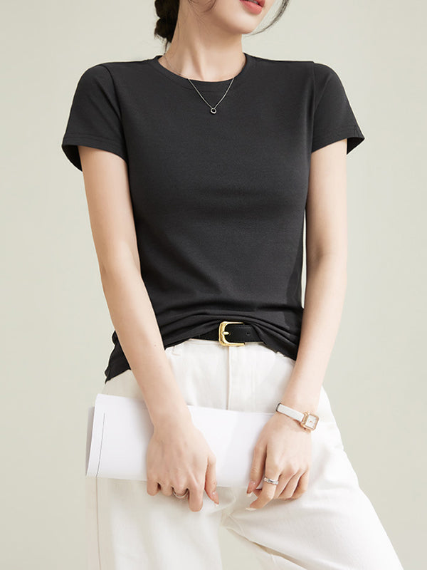 Short Sleeves Skinny Solid Color Round-Neck T-Shirts Tops