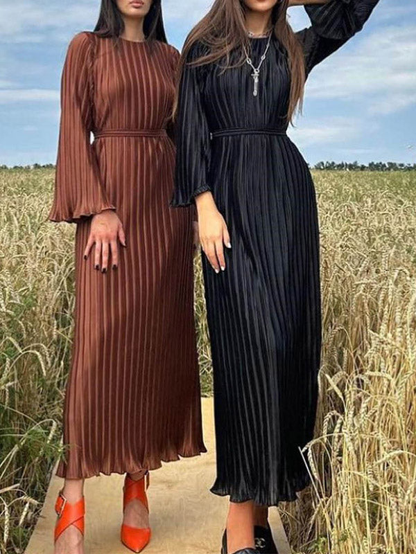 Flared Sleeves Long Sleeves Pleated Solid Color Round-Neck Maxi Dresses