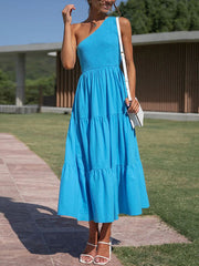 Loose Pleated Solid Color One-Shoulder Midi Dresses