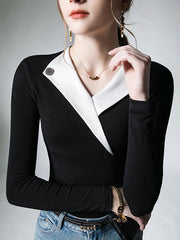 Long Sleeves Skinny Asymmetric Buttoned V-Neck T-Shirts Tops