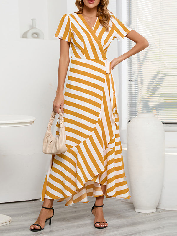 High-Low Loose Split-Joint Striped Tied V-Neck Maxi Dresses