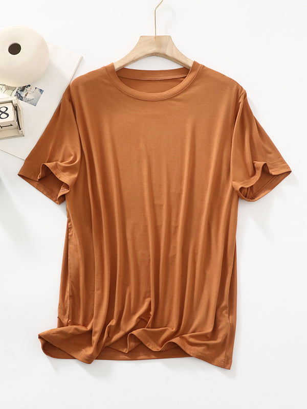 Loose Short Sleeves Solid Color Split-Joint Round-Neck T-Shirts Tops