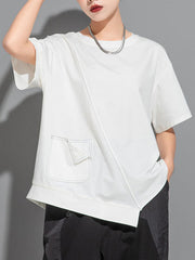 Loose Short Sleeves Asymmetric Solid Color Split-Joint Round-Neck T-Shirts Tops