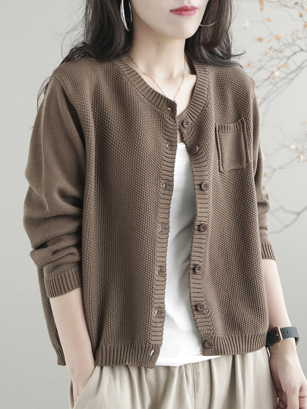 Simple Loose Long Sleeves Buttoned Solid Color Round-Neck Cardigan Tops