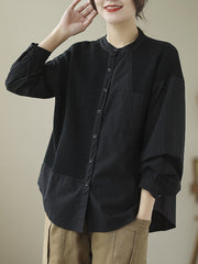 Long Sleeves Loose Asymmetric Buttoned Pockets Split-Joint Round-Neck Blouses&Shirts Tops