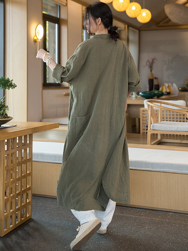 Artistic Retro Loose Simple Casual Solid Color Ramie Trench Coat