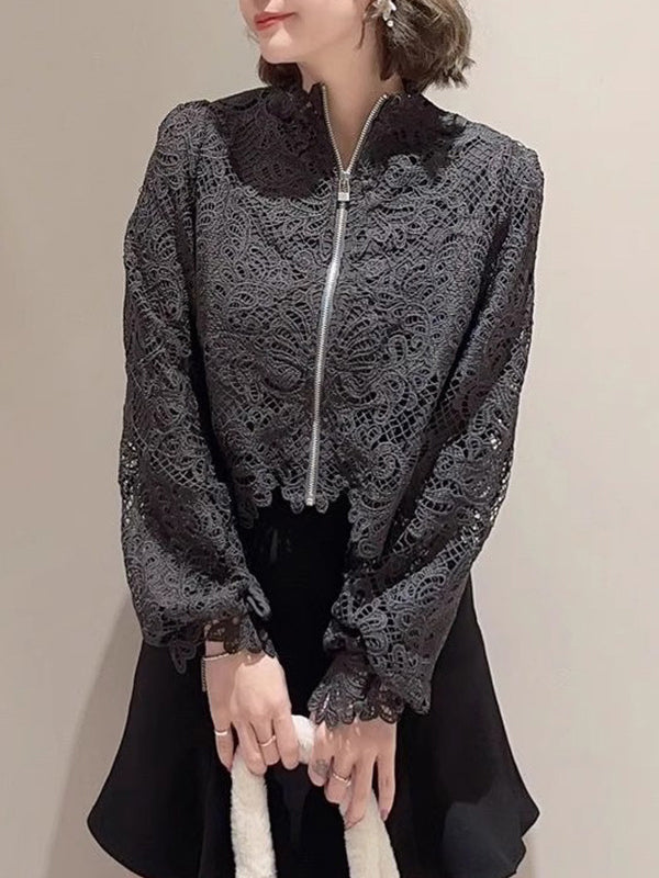 Long Sleeves Loose Hollow Split-Joint Zipper Stand Collar Blouses&Shirts Tops